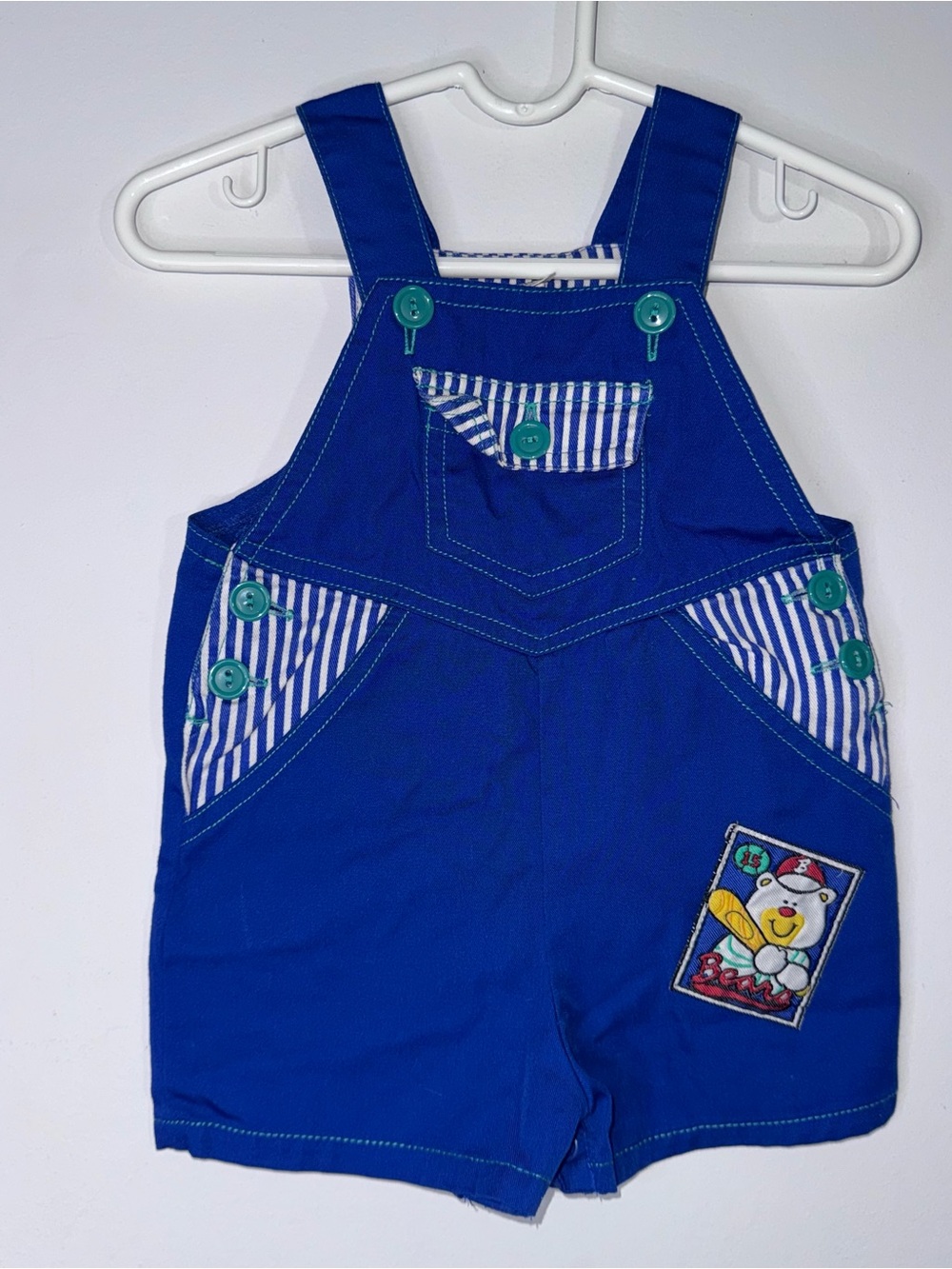 Vintage Baby Baseball Bear Shortalls Romper Blue Striped 18 Months Snap Bottom